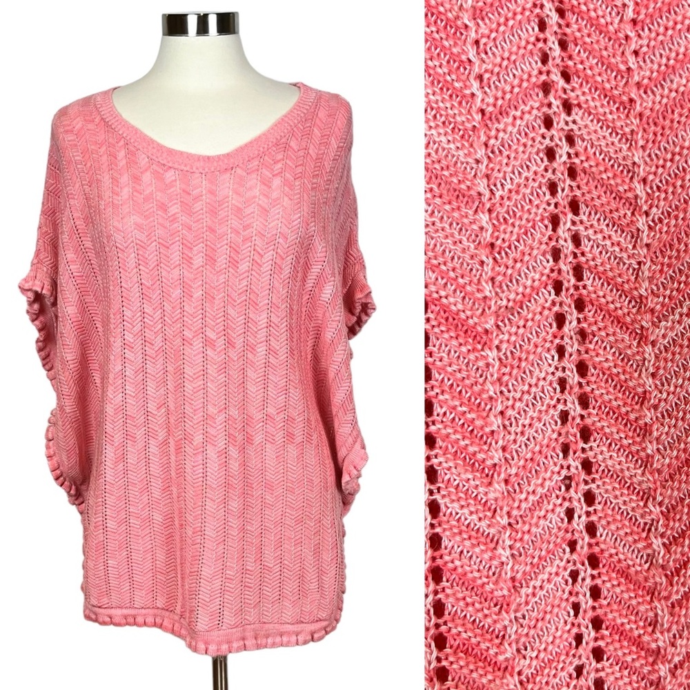 One A Coral and White Sweater Poncho